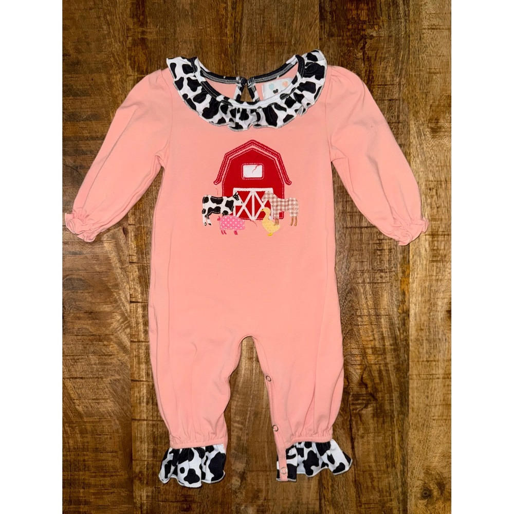 Never Grow Up Designs Pink Farm Barn Cow Print Ruffle Romper Kids